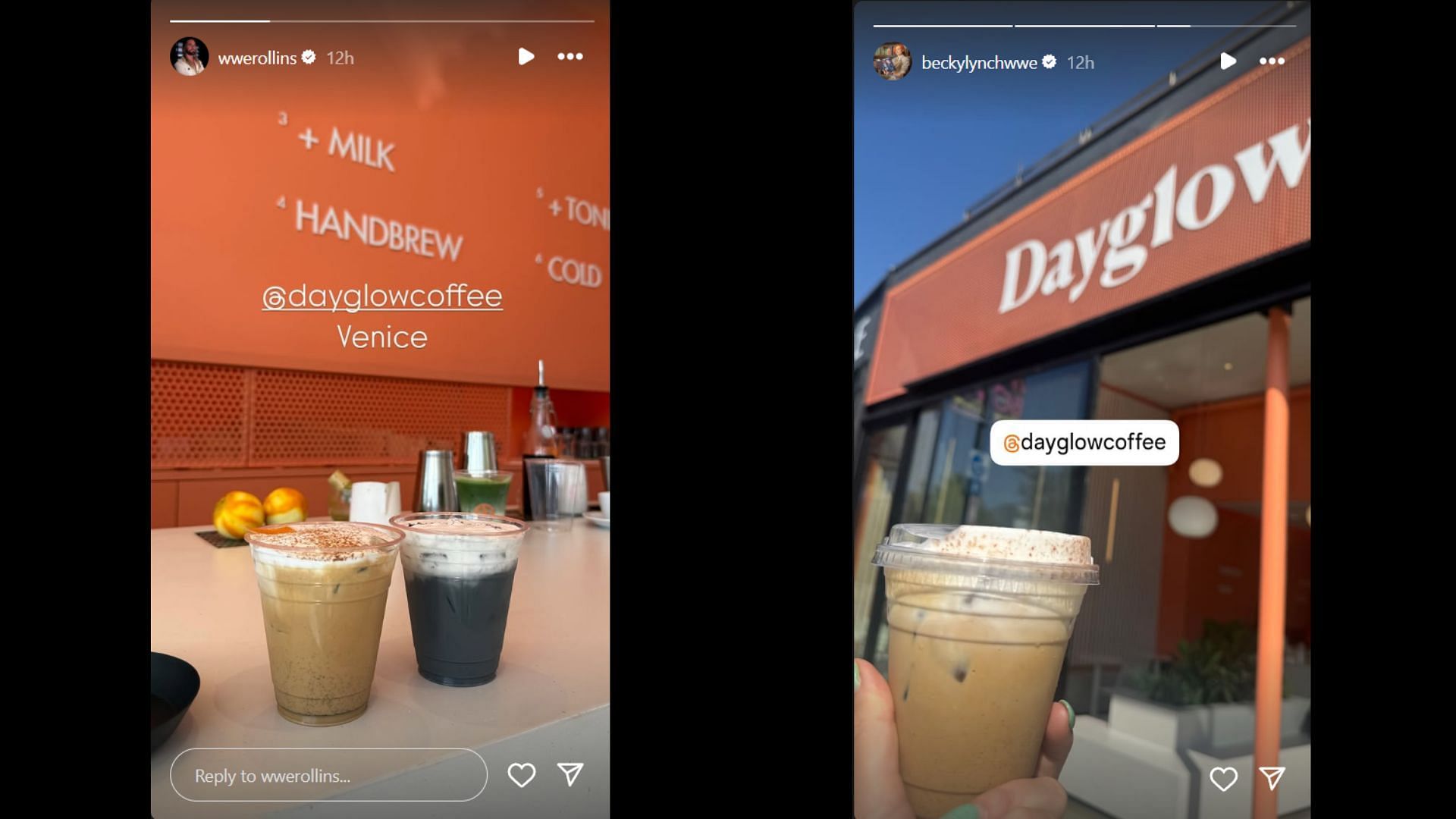 Screenshots of Seth Rollins' and Becky Lynch's Instagram Stories